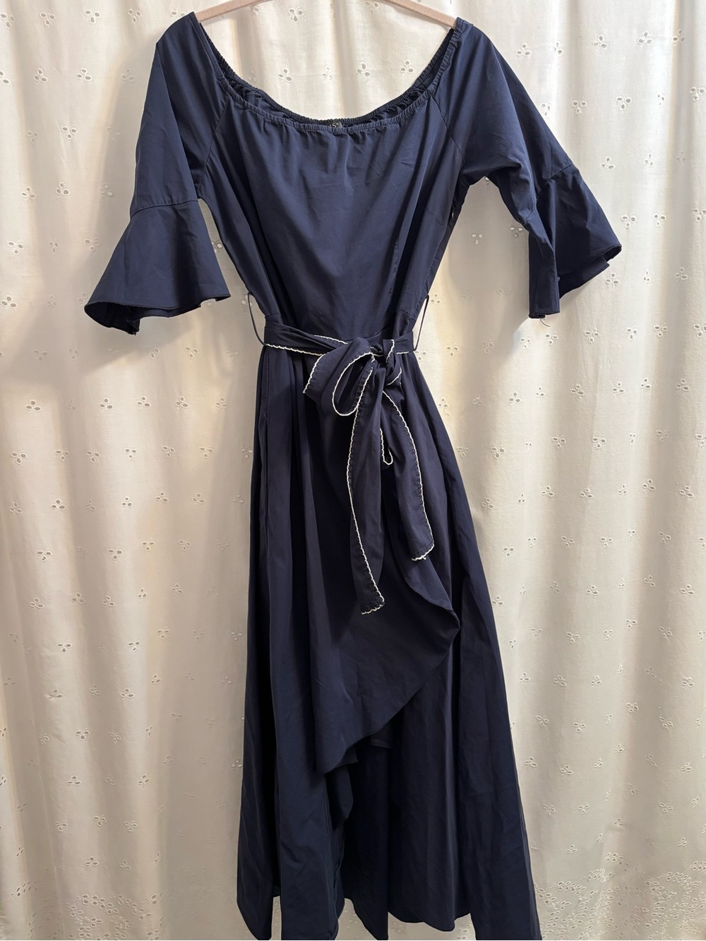 VENUS Navy One-Shoulder Ruffle Sleeve Dress with Waist Tie